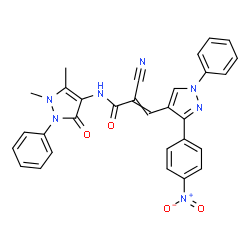 ChemSpider 2D Image | 2-Cyano-N-(1,5-dimethyl-3-oxo-2-phenyl-2,3-dihydro-1H-pyrazol-4-yl)-3-[3-(4-nitrophenyl)-1-phenyl-1H-pyrazol-4-yl]acrylamide | C30H23N7O4