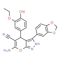 ChemSpider 2D Image | 6-Amino-3-(1,3-benzodioxol-5-yl)-4-(3-ethoxy-4-hydroxyphenyl)-2,4-dihydropyrano[2,3-c]pyrazole-5-carbonitrile | C22H18N4O5