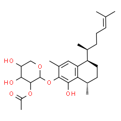 ChemSpider 2D Image | (5R,8S)-1-Hydroxy-3,8-dimethyl-5-[(2S)-6-methyl-5-hepten-2-yl]-5,6,7,8-tetrahydro-2-naphthalenyl 2-O-acetylpentopyranoside | C27H40O7