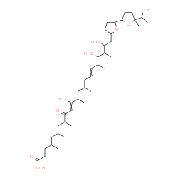 ChemSpider 2D Image | 11,19,21-Trihydroxy-22-[5'-(1-hydroxyethyl)-2,5'-dimethyloctahydro-2,2'-bifuran-5-yl]-4,6,8,12,14,18,20-heptamethyl-9-oxo-10,16-docosadienoic acid | C41H72O9