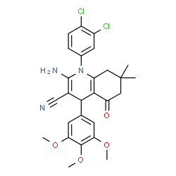 ChemSpider 2D Image | 2-Amino-1-(3,4-dichlorophenyl)-7,7-dimethyl-5-oxo-4-(3,4,5-trimethoxyphenyl)-1,4,5,6,7,8-hexahydro-3-quinolinecarbonitrile | C27H27Cl2N3O4