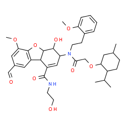 ChemSpider 2D Image | 8-Formyl-4-hydroxy-N-(2-hydroxyethyl)-3-({[(2-isopropyl-5-methylcyclohexyl)oxy]acetyl}[2-(2-methoxyphenyl)ethyl]amino)-6-methoxy-3,4,4a,9b-tetrahydrodibenzo[b,d]furan-1-carboxamide | C38H50N2O9
