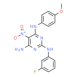 ChemSpider 2D Image | N2-(3-fluorophenyl)-N4-(4-methoxyphenyl)-5-nitropyrimidine-2,4,6-triamine | C17H15FN6O3