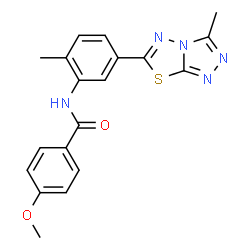 ChemSpider 2D Image | 4-Methoxy-N-[2-methyl-5-(3-methyl[1,2,4]triazolo[3,4-b][1,3,4]thiadiazol-6-yl)phenyl]benzamide | C19H17N5O2S