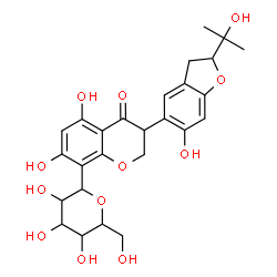 ChemSpider 2D Image | 1,5-Anhydro-1-{5,7-dihydroxy-3-[6-hydroxy-2-(2-hydroxy-2-propanyl)-2,3-dihydro-1-benzofuran-5-yl]-4-oxo-3,4-dihydro-2H-chromen-8-yl}hexitol | C26H30O12