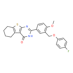 ChemSpider 2D Image | 2-{3-[(4-Fluorophenoxy)methyl]-4-methoxyphenyl}-5,6,7,8-tetrahydro[1]benzothieno[2,3-d]pyrimidin-4(3H)-one | C24H21FN2O3S