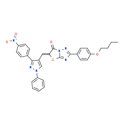 ChemSpider 2D Image | 2-(4-Butoxyphenyl)-5-{[3-(4-nitrophenyl)-1-phenyl-1H-pyrazol-4-yl]methylene}[1,3]thiazolo[3,2-b][1,2,4]triazol-6(5H)-one | C30H24N6O4S