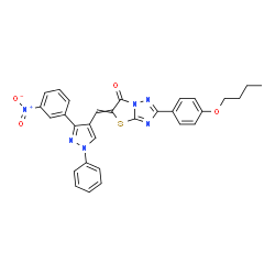 ChemSpider 2D Image | 2-(4-Butoxyphenyl)-5-{[3-(3-nitrophenyl)-1-phenyl-1H-pyrazol-4-yl]methylene}[1,3]thiazolo[3,2-b][1,2,4]triazol-6(5H)-one | C30H24N6O4S