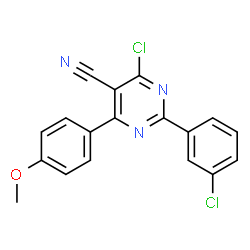 ChemSpider 2D Image | 4-Chloro-2-(3-chlorophenyl)-6-(4-methoxyphenyl)-5-pyrimidinecarbonitrile | C18H11Cl2N3O