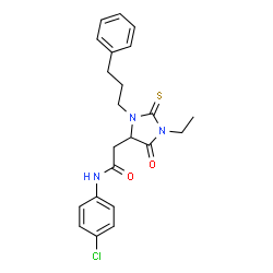ChemSpider 2D Image | N-(4-Chlorophenyl)-2-[1-ethyl-5-oxo-3-(3-phenylpropyl)-2-thioxo-4-imidazolidinyl]acetamide | C22H24ClN3O2S