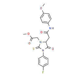 ChemSpider 2D Image | Methyl [3-(4-fluorophenyl)-5-{2-[(4-methoxyphenyl)amino]-2-oxoethyl}-4-oxo-2-thioxo-1-imidazolidinyl]acetate | C21H20FN3O5S
