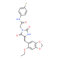 ChemSpider 2D Image | 2-{4-[(6-Ethoxy-1,3-benzodioxol-5-yl)methylene]-2,5-dioxo-1-imidazolidinyl}-N-(4-fluorophenyl)acetamide | C21H18FN3O6