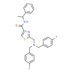 ChemSpider 2D Image | 2-{[Bis(4-fluorobenzyl)amino]methyl}-N-(1-phenylethyl)-1,3-thiazole-4-carboxamide | C27H25F2N3OS