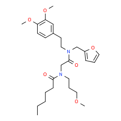 ChemSpider 2D Image | N-(2-{[2-(3,4-Dimethoxyphenyl)ethyl](2-furylmethyl)amino}-2-oxoethyl)-N-(3-methoxypropyl)hexanamide | C27H40N2O6