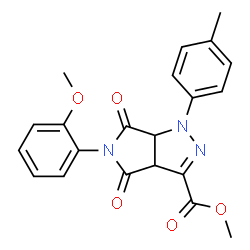 ChemSpider 2D Image | Methyl 5-(2-methoxyphenyl)-1-(4-methylphenyl)-4,6-dioxo-1,3a,4,5,6,6a-hexahydropyrrolo[3,4-c]pyrazole-3-carboxylate | C21H19N3O5