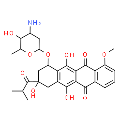 ChemSpider 2D Image | 3,5,12-Trihydroxy-3-isobutyryl-10-methoxy-6,11-dioxo-1,2,3,4,6,11-hexahydro-1-tetracenyl 3-amino-2,3,6-trideoxyhexopyranoside | C29H33NO10