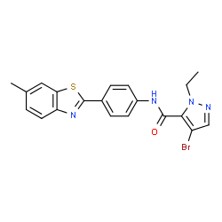 ChemSpider 2D Image | 4-Bromo-1-ethyl-N-[4-(6-methyl-1,3-benzothiazol-2-yl)phenyl]-1H-pyrazole-5-carboxamide | C20H17BrN4OS