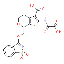 ChemSpider 2D Image | 2-[(Carboxycarbonyl)amino]-7-{[(1,1-dioxido-1,2-benzothiazol-3-yl)oxy]methyl}-4,7-dihydro-5H-thieno[2,3-c]pyran-3-carboxylic acid | C18H14N2O9S2