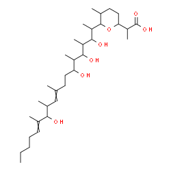 ChemSpider 2D Image | 2-[5-Methyl-6-(3,5,7,13-tetrahydroxy-4,6,10,12,14-pentamethyl-10,14-nonadecadien-2-yl)tetrahydro-2H-pyran-2-yl]propanoic acid | C33H60O7