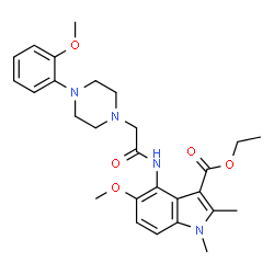 ChemSpider 2D Image | Ethyl 5-methoxy-4-({[4-(2-methoxyphenyl)-1-piperazinyl]acetyl}amino)-1,2-dimethyl-1H-indole-3-carboxylate | C27H34N4O5