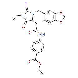 ChemSpider 2D Image | Ethyl 4-({[3-(1,3-benzodioxol-5-ylmethyl)-1-ethyl-5-oxo-2-thioxo-4-imidazolidinyl]acetyl}amino)benzoate | C24H25N3O6S