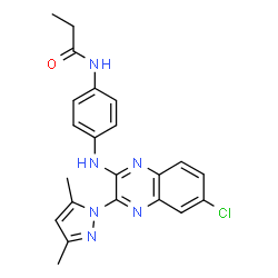 ChemSpider 2D Image | N-(4-{[6-Chloro-3-(3,5-dimethyl-1H-pyrazol-1-yl)-2-quinoxalinyl]amino}phenyl)propanamide | C22H21ClN6O