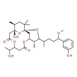 ChemSpider 2D Image | (1R,4R,13R,14S)-13-Hydroxy-9-(1-hydroxyethyl)-3-[5-(3-hydroxyphenyl)-5-methoxy-2-pentanyl]-4,14,16,16-tetramethyl-2,6,10,17-tetraoxatricyclo[11.3.1.1~1,5~]octadecane-7,11-dione | C32H48O10