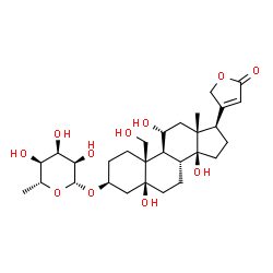 ChemSpider 2D Image | (3beta,5beta,11alpha)-3-[(6-Deoxy-beta-D-allopyranosyl)oxy]-5,11,14,19-tetrahydroxycard-20(22)-enolide | C29H44O11