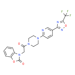 ChemSpider 2D Image | 3-[2-Oxo-2-(4-{5-[5-(trifluoromethyl)-1,2,4-oxadiazol-3-yl]-2-pyridinyl}-1-piperazinyl)ethyl]-1,3-benzoxazol-2(3H)-one | C21H17F3N6O4