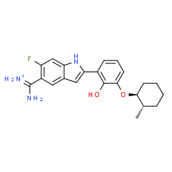 ChemSpider 2D Image | Amino[6-fluoro-2-(2-hydroxy-3-{[(1S,2S)-2-methylcyclohexyl]oxy}phenyl)-1H-indol-5-yl]methaniminium | C22H25FN3O2