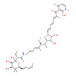 ChemSpider 2D Image | (2S)-N-[(2E,4E,6S,7R)-7-{(2S,3S,4R,5R)-3,4-Dihydroxy-5-[(1E,3E,5E)-7-(2-hydroxy-1-methyl-4-oxo-1,4-dihydro-3-pyridinyl)-6-methyl-7-oxo-1,3,5-heptatrien-1-yl]tetrahydro-2-furanyl}-6-methoxy-5-methyl-2,
4-octadien-1-yl]-2-{(2R,3R,4R,6S)-2,3,4-trihydroxy-5,5-dimethyl-6-[(1E,3Z)-1,3-pentadien-1-yl]tetrahydro-2H-pyran-2-yl}butanamide | C44H62N2O12