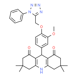 ChemSpider 2D Image | 9-{3-Methoxy-4-[(1-phenyl-1H-tetrazol-5-yl)methoxy]phenyl}-3,3,6,6-tetramethyl-3,4,6,7,9,10-hexahydro-1,8(2H,5H)-acridinedione | C32H35N5O4