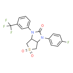 ChemSpider 2D Image | 1-(4-Fluorophenyl)-3-[3-(trifluoromethyl)phenyl]tetrahydro-1H-thieno[3,4-d]imidazol-2(3H)-one 5,5-dioxide | C18H14F4N2O3S