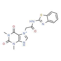 ChemSpider 2D Image | 7-[2-(1,3-Benzothiazol-2-ylamino)-2-oxoethyl]-1,3-dimethyl-2,6-dioxo-2,3,6,9-tetrahydro-1H-purin-7-ium | C16H15N6O3S