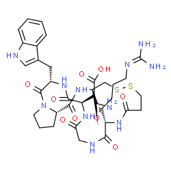ChemSpider 2D Image | [(3R,11S,17R,20S,25aS)-3-Carbamoyl-11-{4-[(diaminomethylene)amino]butyl}-20-(1H-indol-3-ylmethyl)-1,9,12,15,18,21-hexaoxodocosahydro-7H-pyrrolo[2,1-g][1,2,5,8,11,14,17,20]dithiahexaazacyclotricosin-17
-yl]acetic acid | C35H49N11O9S2