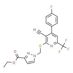 ChemSpider 2D Image | Ethyl 1-({[3-cyano-4-(4-fluorophenyl)-6-(trifluoromethyl)-2-pyridinyl]sulfanyl}methyl)-1H-pyrazole-3-carboxylate | C20H14F4N4O2S