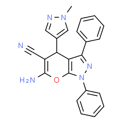 ChemSpider 2D Image | 6-Amino-4-(1-methyl-1H-pyrazol-4-yl)-1,3-diphenyl-1,4-dihydropyrano[2,3-c]pyrazole-5-carbonitrile | C23H18N6O
