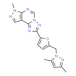 ChemSpider 2D Image | 2-{5-[(3,5-Dimethyl-1H-pyrazol-1-yl)methyl]-2-furyl}-7-methyl-7H-pyrazolo[4,3-e][1,2,4]triazolo[1,5-c]pyrimidine | C17H16N8O