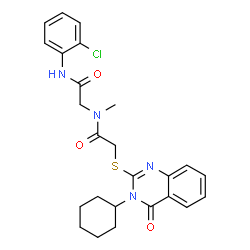 ChemSpider 2D Image | N-(2-Chlorophenyl)-N~2~-{[(3-cyclohexyl-4-oxo-3,4-dihydro-2-quinazolinyl)sulfanyl]acetyl}-N~2~-methylglycinamide | C25H27ClN4O3S