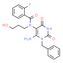 ChemSpider 2D Image | N-(6-Amino-1-benzyl-2,4-dioxo-1,2,3,4-tetrahydro-5-pyrimidinyl)-2-fluoro-N-(3-hydroxypropyl)benzamide | C21H21FN4O4