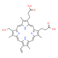 ChemSpider 2D Image | 3,3'-[7-(Hydroxymethyl)-3,8,13,17-tetramethyl-12-vinyl-2,18-porphyrindiyl]dipropanoic acid | C33H34N4O5