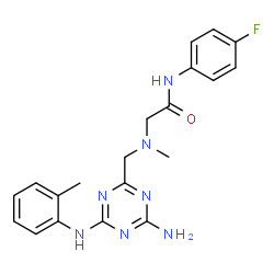 ChemSpider 2D Image | N~2~-({4-Amino-6-[(2-methylphenyl)amino]-1,3,5-triazin-2-yl}methyl)-N-(4-fluorophenyl)-N~2~-methylglycinamide | C20H22FN7O
