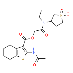 ChemSpider 2D Image | 2-[(1,1-Dioxidotetrahydro-3-thiophenyl)(ethyl)amino]-2-oxoethyl 2-acetamido-4,5,6,7-tetrahydro-1-benzothiophene-3-carboxylate | C19H26N2O6S2