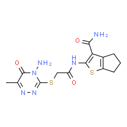ChemSpider 2D Image | 2-({[(4-Amino-6-methyl-5-oxo-4,5-dihydro-1,2,4-triazin-3-yl)sulfanyl]acetyl}amino)-5,6-dihydro-4H-cyclopenta[b]thiophene-3-carboxamide | C14H16N6O3S2