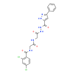 ChemSpider 2D Image | 2,4-Dichloro-N-{2-oxo-2-[(2-oxo-2-{2-[(3-phenyl-1H-pyrazol-5-yl)carbonyl]hydrazino}ethyl)amino]ethyl}benzamide | C21H18Cl2N6O4