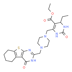 ChemSpider 2D Image | Ethyl 4-ethyl-2-oxo-6-({4-[(4-oxo-3,4,5,6,7,8-hexahydro[1]benzothieno[2,3-d]pyrimidin-2-yl)methyl]-1-piperazinyl}methyl)-1,2,3,4-tetrahydro-5-pyrimidinecarboxylate | C25H34N6O4S