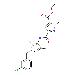 ChemSpider 2D Image | Ethyl 3-{[1-(3-chlorobenzyl)-3,5-dimethyl-1H-pyrazol-4-yl]carbamoyl}-1-methyl-1H-pyrazole-5-carboxylate | C20H22ClN5O3
