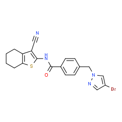 ChemSpider 2D Image | 4-[(4-Bromo-1H-pyrazol-1-yl)methyl]-N-(3-cyano-4,5,6,7-tetrahydro-1-benzothiophen-2-yl)benzamide | C20H17BrN4OS