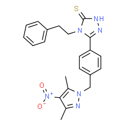 ChemSpider 2D Image | 4H-1,2,4-triazole-3-thiol, 5-[4-[(3,5-dimethyl-4-nitro-1H-pyrazol-1-yl)methyl]phenyl]-4-(2-phenylethyl)- | C22H22N6O2S