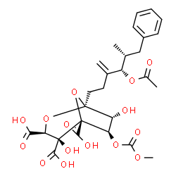 ChemSpider 2D Image | (1S,3S,4S,5R,6R,7R)-1-[(4S,5R)-4-Acetoxy-5-methyl-3-methylene-6-phenylhexyl]-4,7-dihydroxy-6-[(methoxycarbonyl)oxy]-2,8-dioxabicyclo[3.2.1]octane-3,4,5-tricarboxylic acid | C27H32O15